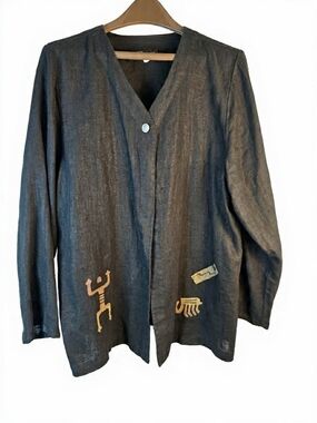 Black Tribal Print Open-Front Women's Blazer Linen Jacket Boho
